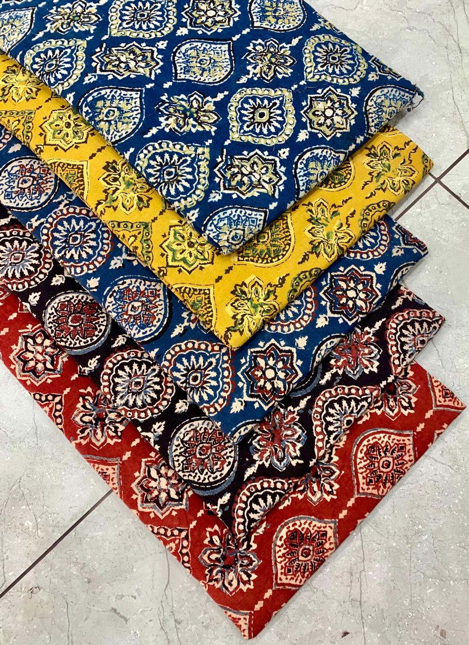 Ajrakh pure cotton handblock printed fabric in rust shade with multicolour artisan pattern